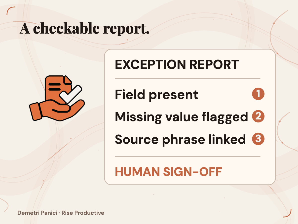 An illustrative report rubric checks a required field, missing value and source phrase before human sign-off.