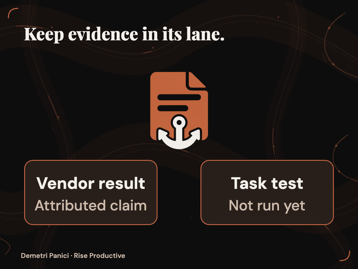 Vendor-reported results and an unperformed local task test appear in separate evidence lanes.
