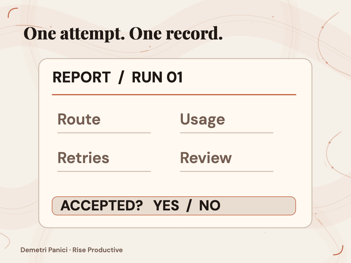 An annotated attempt record has route, usage, retries, review and accepted-outcome fields.