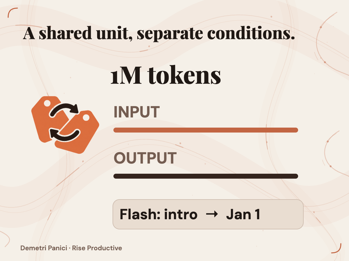 One-million-token pricing unit with separate input and output lanes and a Gemini Flash introductory-period boundary.