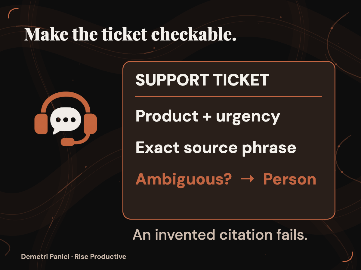 An illustrative support ticket checks product and urgency, an exact source phrase and escalation for ambiguity.