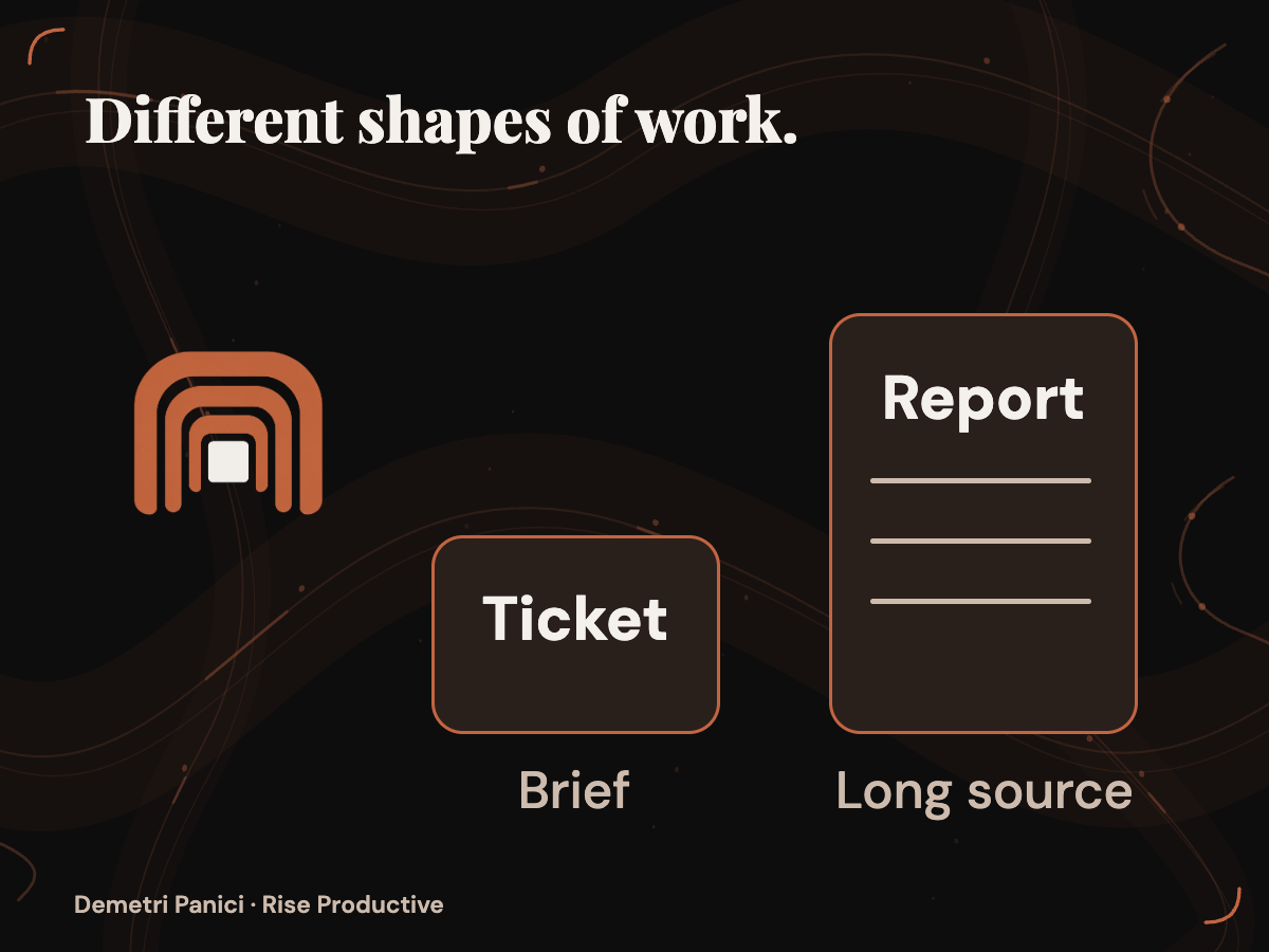 A small ticket and a physically larger report distinguish two hypothetical workload shapes.